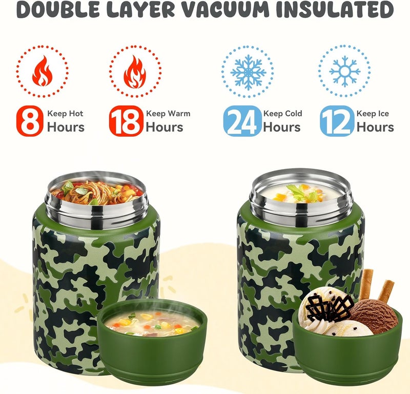 Aimsnk 17oz Soup Thermo for Hot Food Kids Insulated Food Jar,Thermo Hot Food Lunch Container, Width Mouth Stainless Steel Lunch Box for Kids with Handle Folding Spoon(Army Green - Camouflage) - Image 5